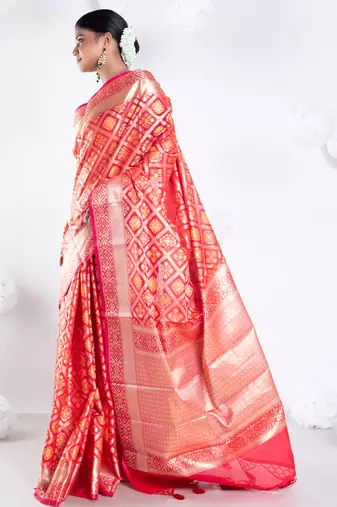 Varanasi chanderi saree in red color with tree motifs and golden border
