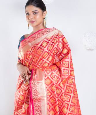 Varanasi chanderi saree in red color with tree motifs and golden border 3