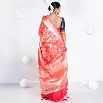 Varanasi chanderi saree in red color with tree motifs and golden border 4
