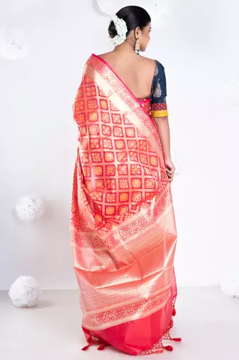 Varanasi chanderi saree in red color with tree motifs and golden border