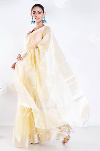 Banarasi chanderi saree in vintage yellow color with zari border