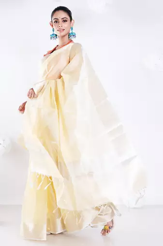 Banarasi chanderi saree in vintage yellow color with zari border