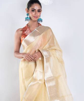 Banarasi chanderi saree in vintage yellow color with zari border 2