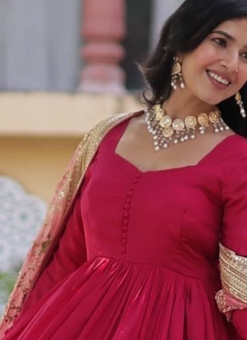 Pink Shimmer Vichitra Gown with Heavy Sequins Embroidery & Fendi Dupatta | Wedding & Festive Designer Wear