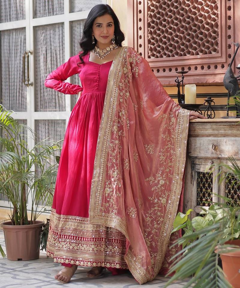 Pink Shimmer Vichitra Gown with Heavy Sequins Embroidery & Fendi Dupatta | Wedding & Festive Designer Wear