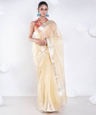 Banarasi chanderi saree in vintage yellow color with zari border 3
