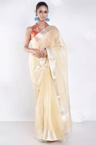 Banarasi chanderi saree in vintage yellow color with zari border