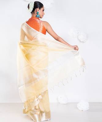 Banarasi chanderi saree in vintage yellow color with zari border 4