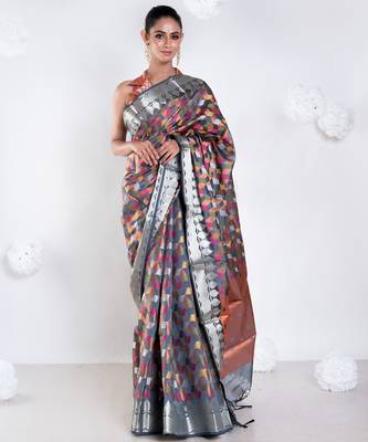 Banarasi kora organza saree in grey color with multicolor motifs with copper zari 1