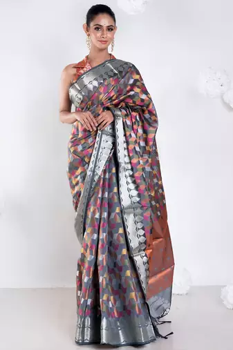 Banarasi kora organza saree in grey color with multicolor motifs with copper zari