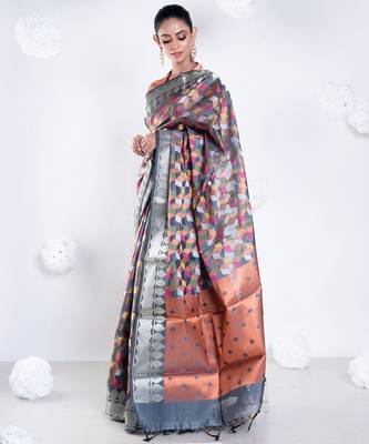 Banarasi kora organza saree in grey color with multicolor motifs with copper zari 2