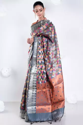 Banarasi kora organza saree in grey color with multicolor motifs with copper zari