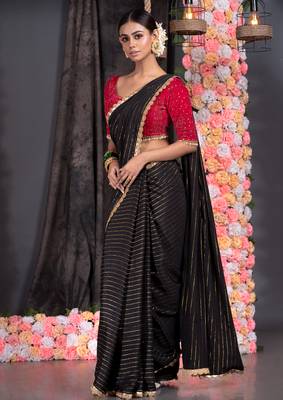 Black georgette saree with lurex gold stripes and scallop embroidered border 1