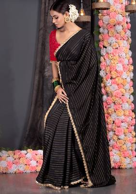 Black georgette saree with lurex gold stripes and scallop embroidered border 2