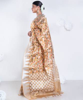 Banarasi kora organza saree in mud yellow color with multicolor motifs with copper zari 2