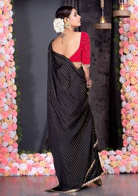 Black georgette saree with lurex gold stripes and scallop embroidered border 3