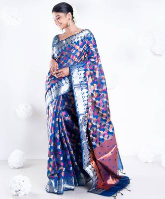 Banarasi kora organza saree in navy blue color with multicolor motifs with copper zari 1