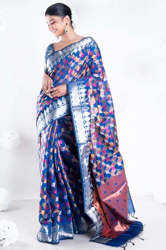 Banarasi kora organza saree in navy blue color with multicolor motifs with copper zari