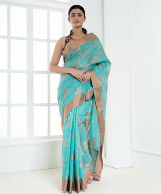 Ice blue banarasi cotton silk saree with floral motifs in antique copper gold zari 1