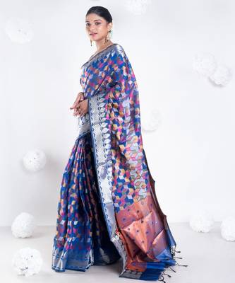 Banarasi kora organza saree in navy blue color with multicolor motifs with copper zari 2