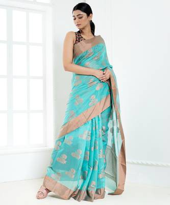 Ice blue banarasi cotton silk saree with floral motifs in antique copper gold zari 2