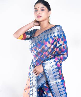 Banarasi kora organza saree in navy blue color with multicolor motifs with copper zari 3