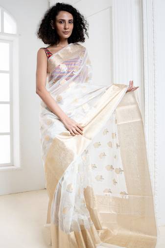 Offwhite Organza Silk Saree with Zari Border and Floral Motifs