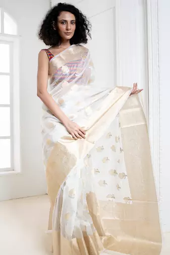 Offwhite Organza Silk Saree with Zari Border and Floral Motifs