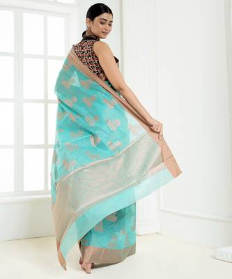 Ice blue banarasi cotton silk saree with floral motifs in antique copper gold zari 3