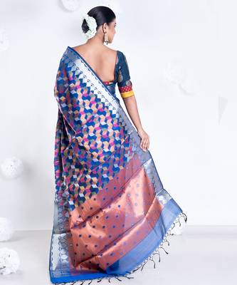 Banarasi kora organza saree in navy blue color with multicolor motifs with copper zari 4