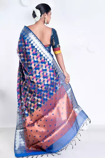 Banarasi kora organza saree in navy blue color with multicolor motifs with copper zari