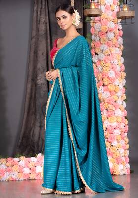 TEAL BLUE GEORGETTE SAREE WITH LUREX GOLD STRIPES AND SCALLOP EMBROIDERED BORDER 2