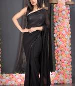 Black pure georgette hand embroidered black lace with fringes on pallu