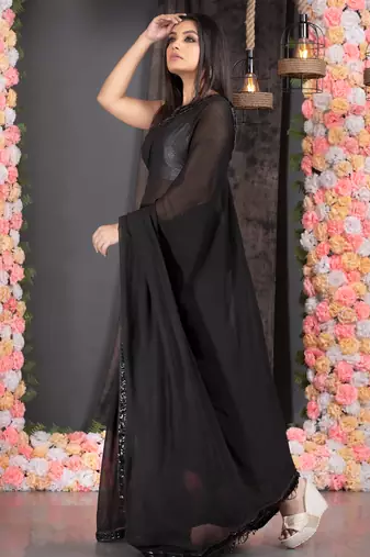 Black  georgette hand embroidered black lace with fringes on pallu
