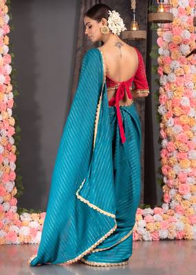 TEAL BLUE GEORGETTE SAREE WITH LUREX GOLD STRIPES AND SCALLOP EMBROIDERED BORDER 3