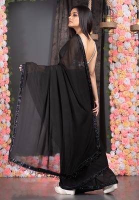 Black  georgette hand embroidered black lace with fringes on pallu 3