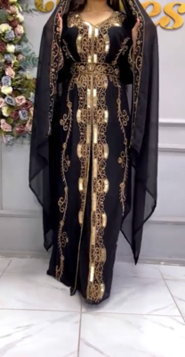 Black Designer Stitched Kaftan with Heavy Golden Embroidery & Dupatta 1