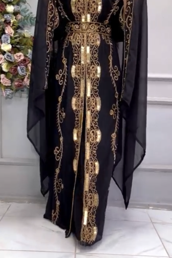 Black Designer Stitched Kaftan with Heavy Golden Embroidery & Dupatta
