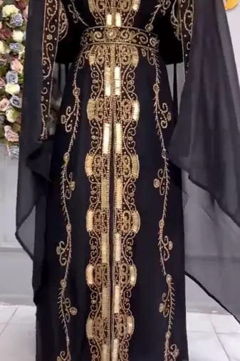 Black Designer Stitched Kaftan with Heavy Golden Embroidery & Dupatta