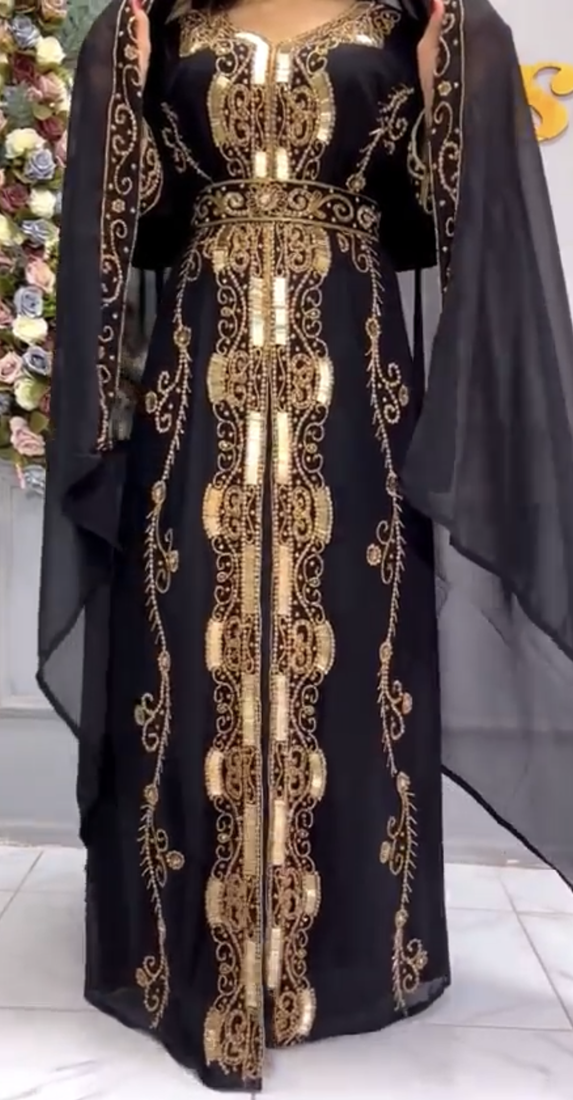 Black Designer Stitched Kaftan with Heavy Golden Embroidery & Dupatta