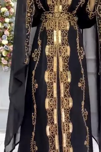 Black Designer Stitched Kaftan with Heavy Golden Embroidery & Dupatta