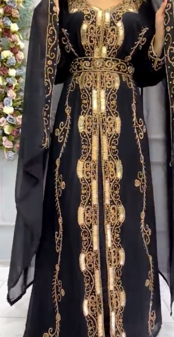 Black Designer Stitched Kaftan with Heavy Golden Embroidery & Dupatta