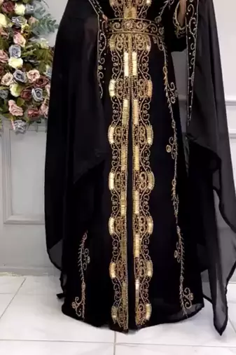 Black Designer Stitched Kaftan with Heavy Golden Embroidery & Dupatta