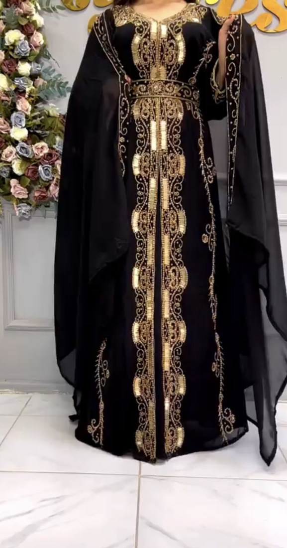 Black Designer Stitched Kaftan with Heavy Golden Embroidery & Dupatta