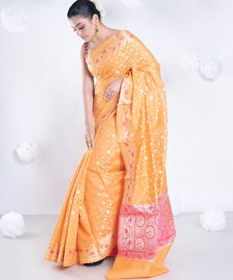 Banarasi kora organza saree in orange color with golden booti and border 3