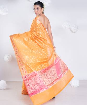 Banarasi kora organza saree in orange color with golden booti and border 4