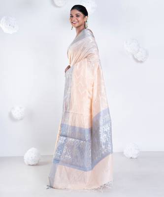 Banarasi chanderi cotton in casata pink color with dual shade and zari border 3