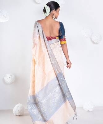 Banarasi chanderi cotton in casata pink color with dual shade and zari border 4