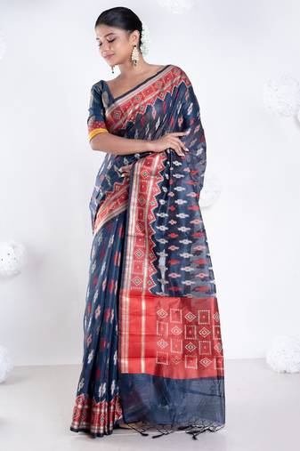 Banarasi kora saree with charcoal black color with ikkat motifs in multicolor