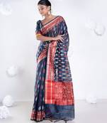 Banarasi kora saree with charcoal black color with ikkat motifs in multicolor